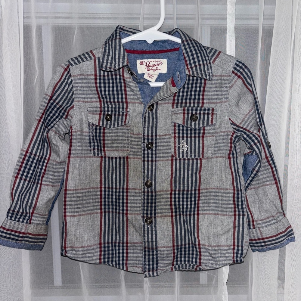 Original Penguin Kids Gray, Navy & Red Plaid Button-Down Shirt